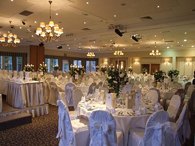 fancy hotel reception room set up for a wedding party